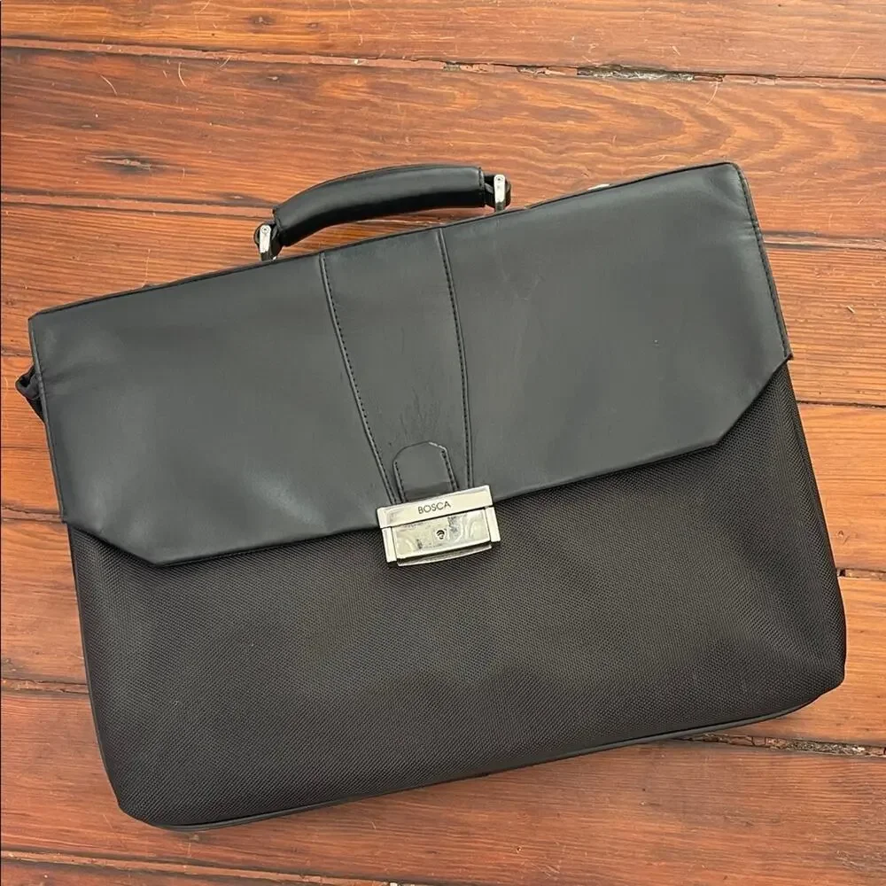 BOSCA leather detail ballistic nylon computer laptop briefcase messenger bag